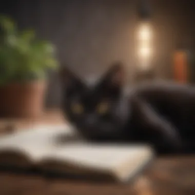 A black cat curled up with a book