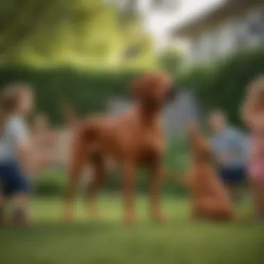 Redbone Coonhound Playing with Children A playful Redbone Coonhound interacting with children in a backyard