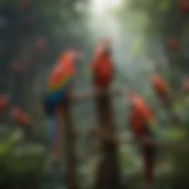 A lush aviary setting for a scarlet macaw