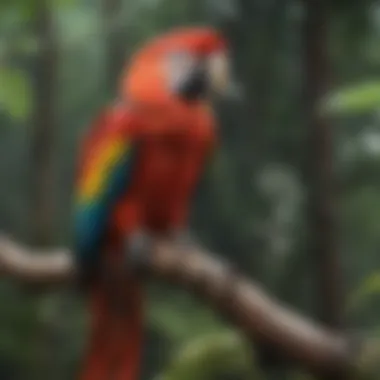 Vibrant scarlet macaw perched on a branch