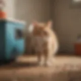 A cat hesitating at a litter box, showcasing uncertainty and confusion.