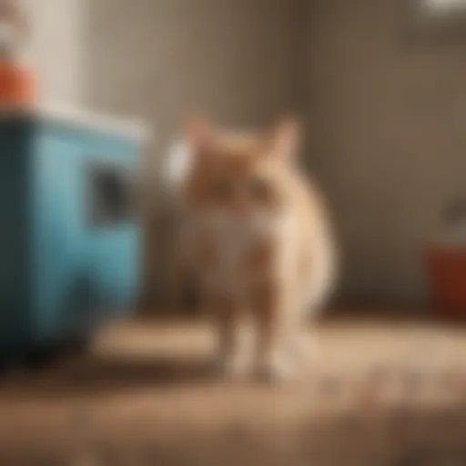A cat hesitating at a litter box, showcasing uncertainty and confusion.