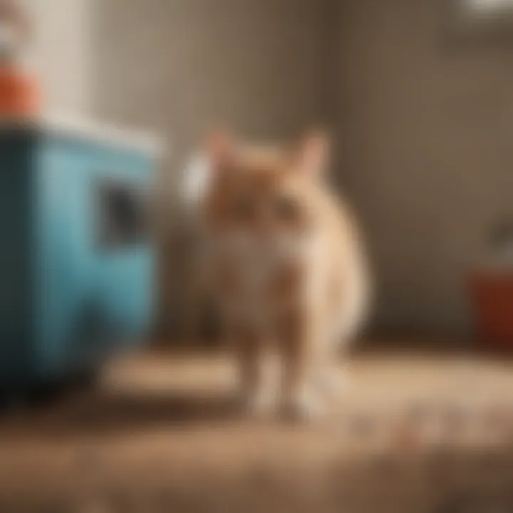A cat hesitating at a litter box, showcasing uncertainty and confusion.