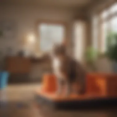 Cat and Litter Box Coexistence A serene home environment with a cat comfortably using a litter box.