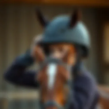 A rider adjusting their helmet for a secure fit before mounting.