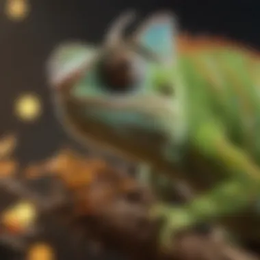A close-up of a chameleon being fed live insects, highlighting its feeding behavior.
