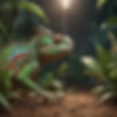 A beautifully arranged chameleon habitat featuring plants and climbing structures.