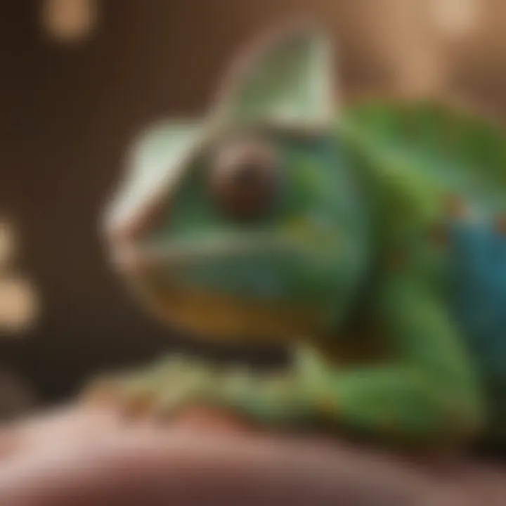 A healthy chameleon being examined by a veterinarian, emphasizing health care.