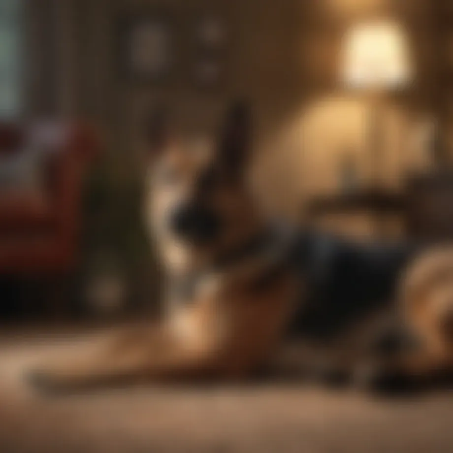 A retired police dog relaxing in a cozy home environment.