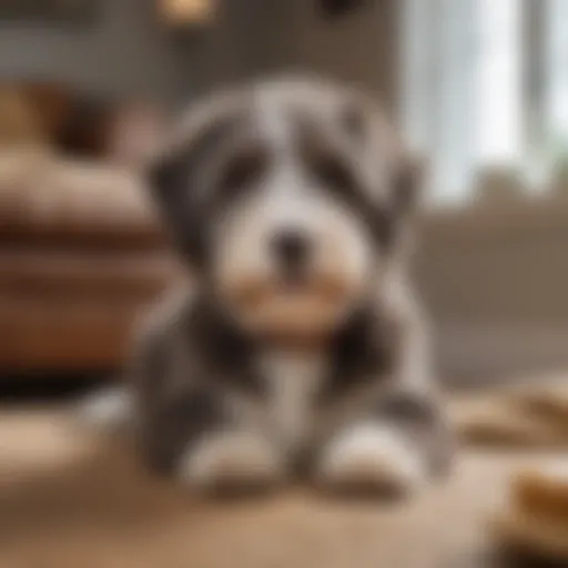 Aussiedoodle puppy with a playful expression in a cozy home setting