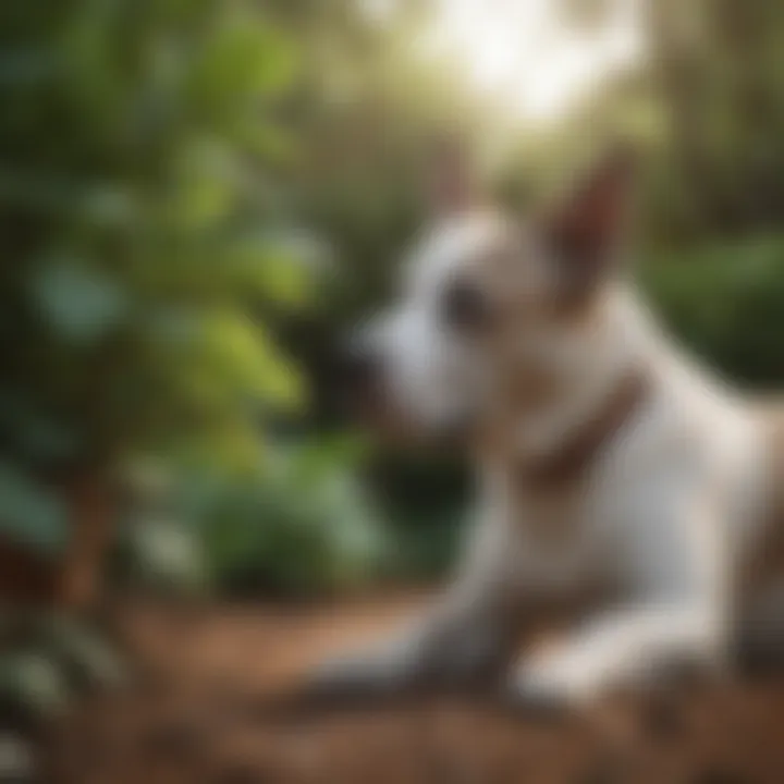 Dog curiously sniffing a fig plant in a garden setting