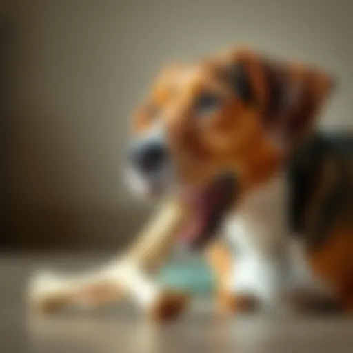 A dog curiously inspecting a rawhide bone