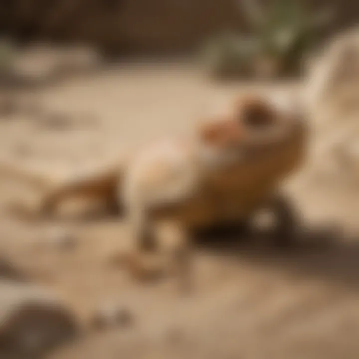 A bearded dragon comfortably resting on a substrate of fine sand, showcasing a natural habitat.