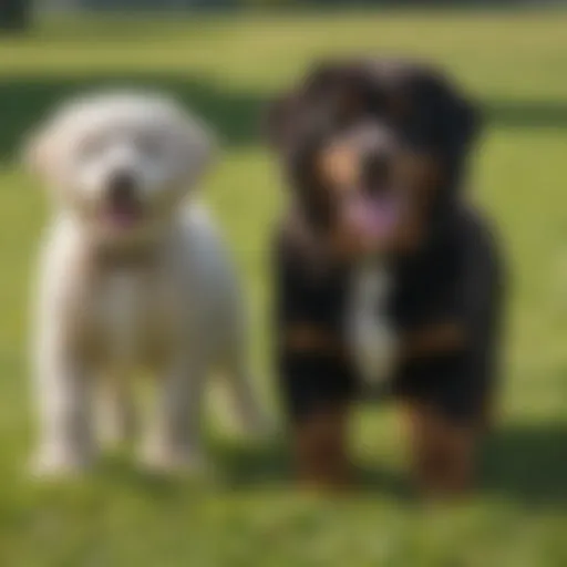 A Bernese and Poodle mix playing in a grassy field