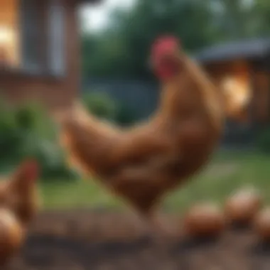 A serene backyard setting with a variety of chicken breeds roaming freely