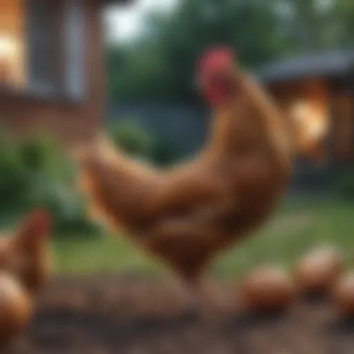 A serene backyard setting with a variety of chicken breeds roaming freely