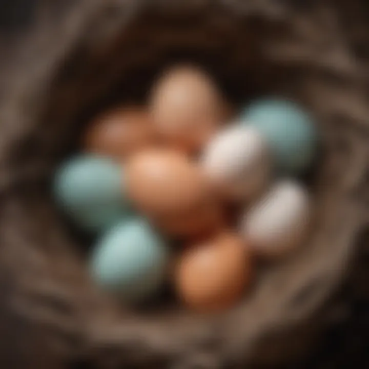 Close-up of eggs in a nest showcasing different colors and sizes