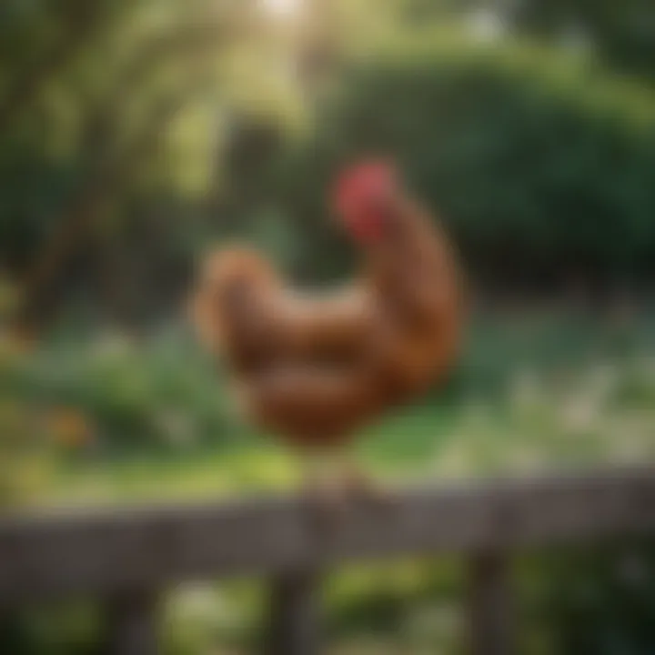 A happy hen perched on a wooden fence in a lush garden