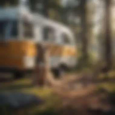 Dog Exploring Nature from a Camper Dog enjoying a scenic view outside a camper in nature