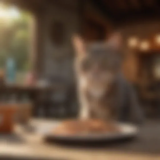 A healthy barn cat enjoying a meal outdoors