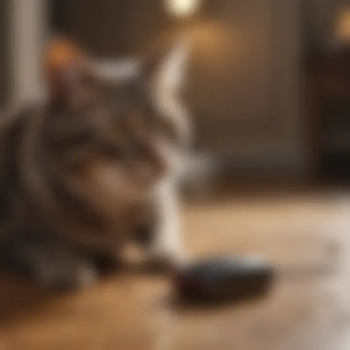 A cat playing with a battery-operated mouse toy.