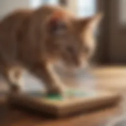 A cat engaged with an interactive puzzle toy.