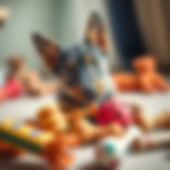 Blue Heeler exploring various chew toys in a playful setting