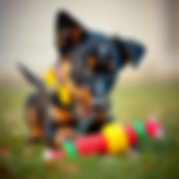 Blue Heeler puppy playing with a colorful chew toy