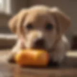 A Labrador puppy happily chewing on a bright rubber toy