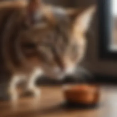 A vial of dewormer medication alongside a cat's food bowl.