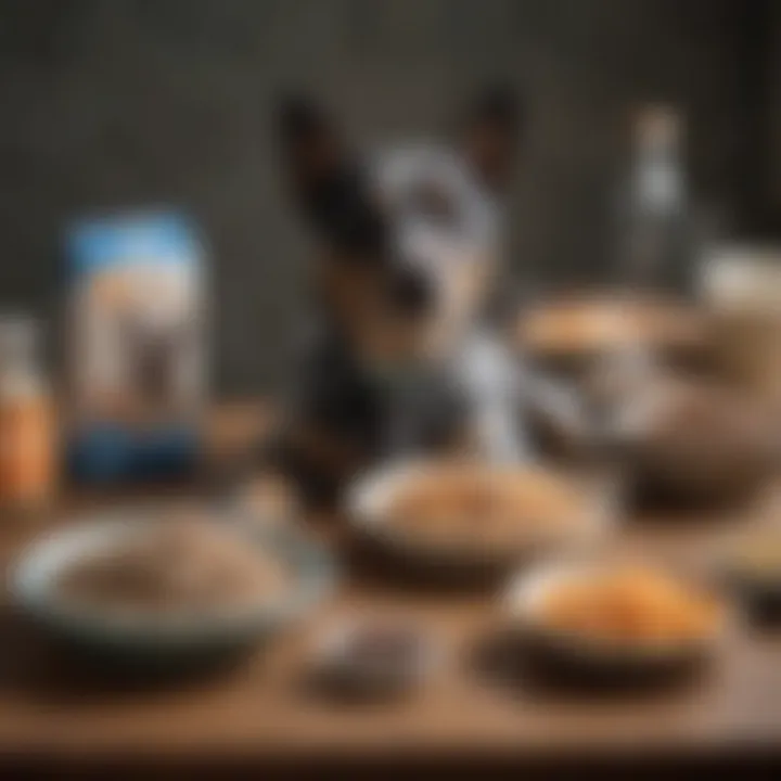 Various types of dog food options for Blue Heelers on a table