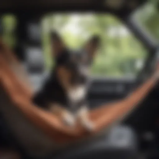 A cozy dog resting comfortably in a seat hammock during a road trip.