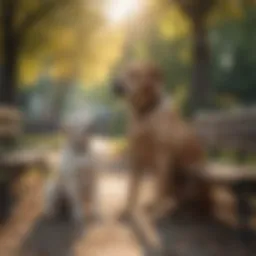 A Labrador Retriever providing comfort to a person sitting on a park bench.