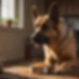 A German Shepherd examining a bowl of high-quality dog food