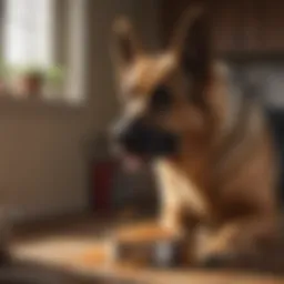 A German Shepherd examining a bowl of high-quality dog food