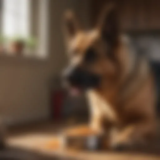 A German Shepherd examining a bowl of high-quality dog food