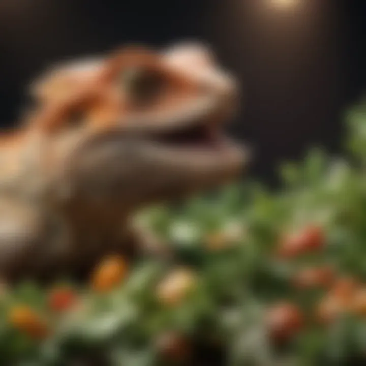 A bearded dragon enjoying a colorful salad of greens