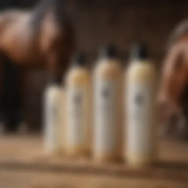 Variety of horse shampoos on a wooden surface