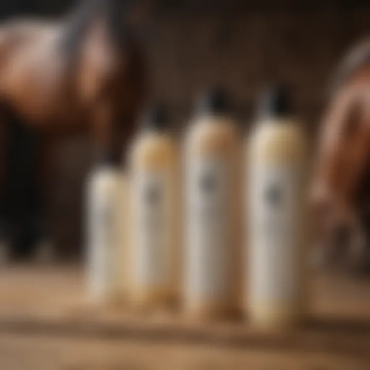 Variety of horse shampoos on a wooden surface