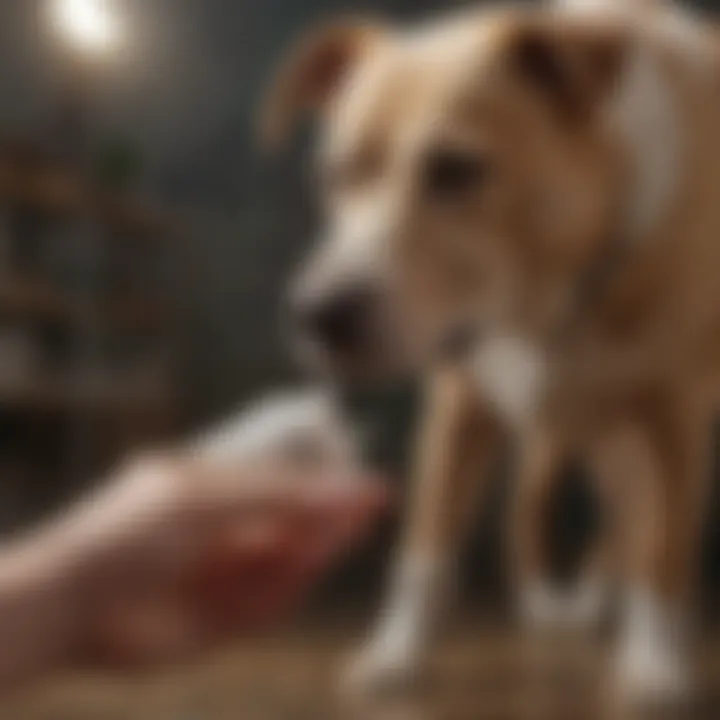 A pet owner applying hydrocortisone spray to a dog's affected area