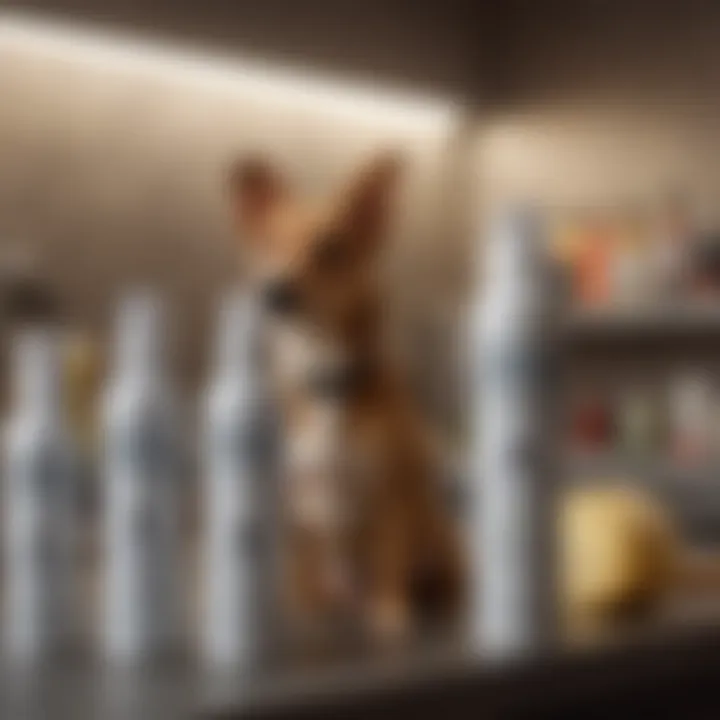 Various brands of hydrocortisone spray for dogs on a shelf
