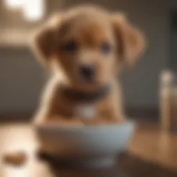 A close-up of a puppy with a gentle expression sitting on a bowl of food.