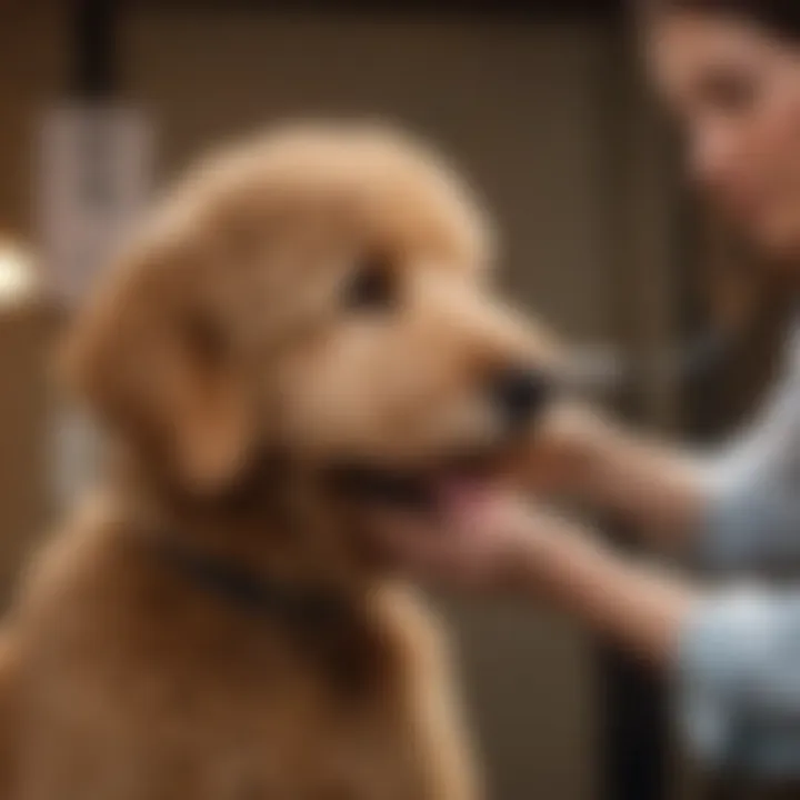 An owner demonstrating safe grooming techniques on a Goldendoodle