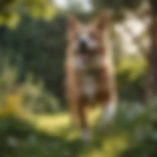 A joyful dog playing in a lush garden.