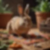 A rabbit happily digging in a colorful mat, showcasing its natural behavior.