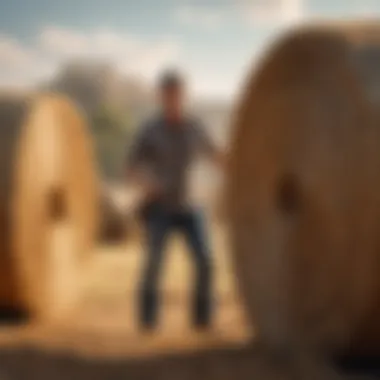 A farmer inspecting the quality of hay bales on a sunny day