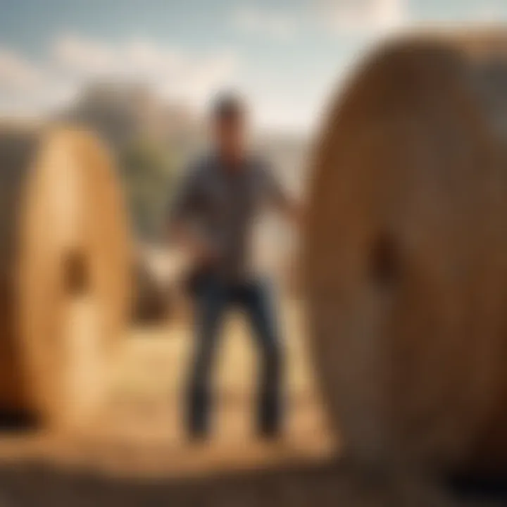 A farmer inspecting the quality of hay bales on a sunny day