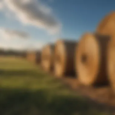 Various types of hay bales stacked in a field under a blue sky