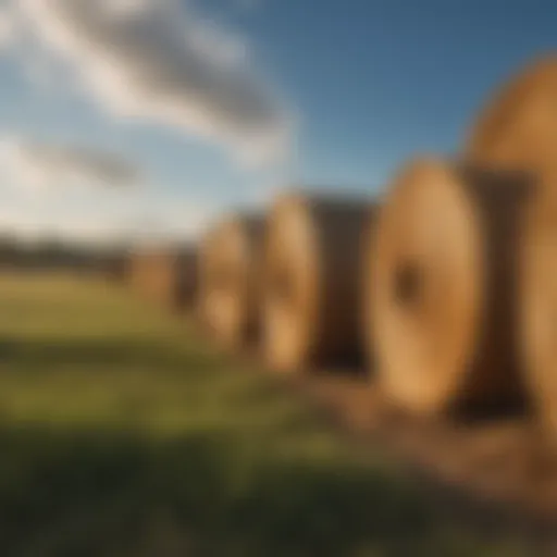 Various types of hay bales stacked in a field under a blue sky