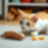 A curious cat sniffing a sweet potato